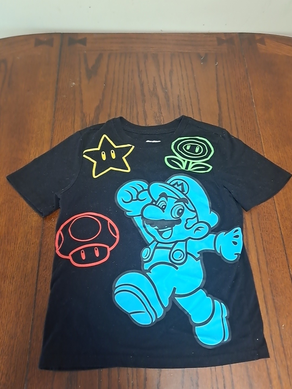 Nintendo Black Tee with Neon Blue Mario & Multicolor Icons